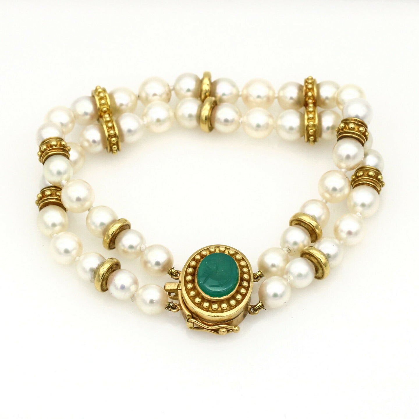Green Onyx Intaglio Double Strand Pearl Bracelet in 18k Yellow Gold