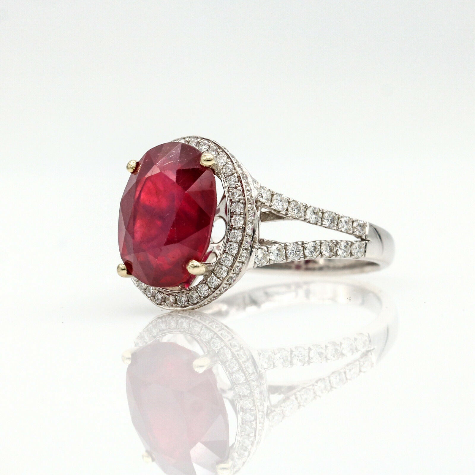 6.26 ct Ruby and Diamond Halo Engagement Ring in 18k White Gold