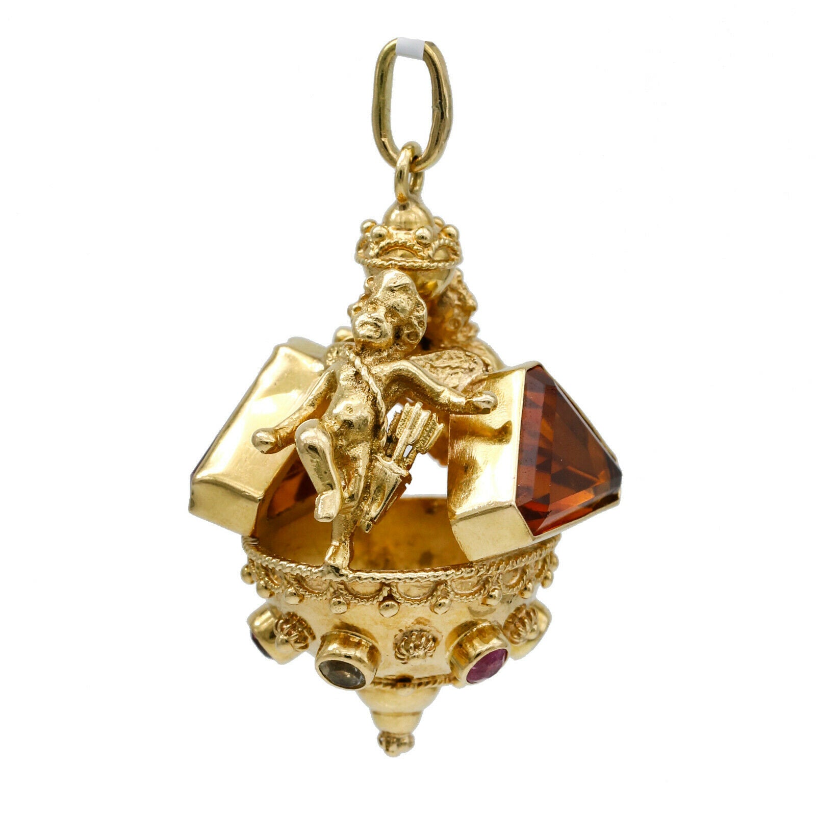 Cupid Etruscan Charm Pendant with Gemstones in 18k Yellow Gold