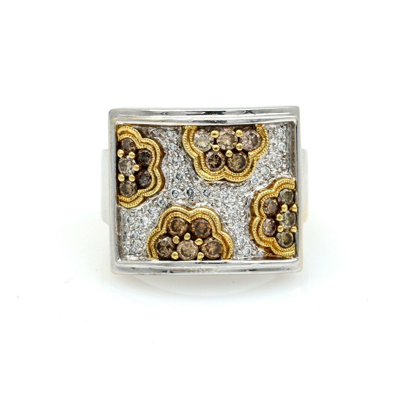 Champagne and White Diamond Flowers Statement Ring in 18k White Gold