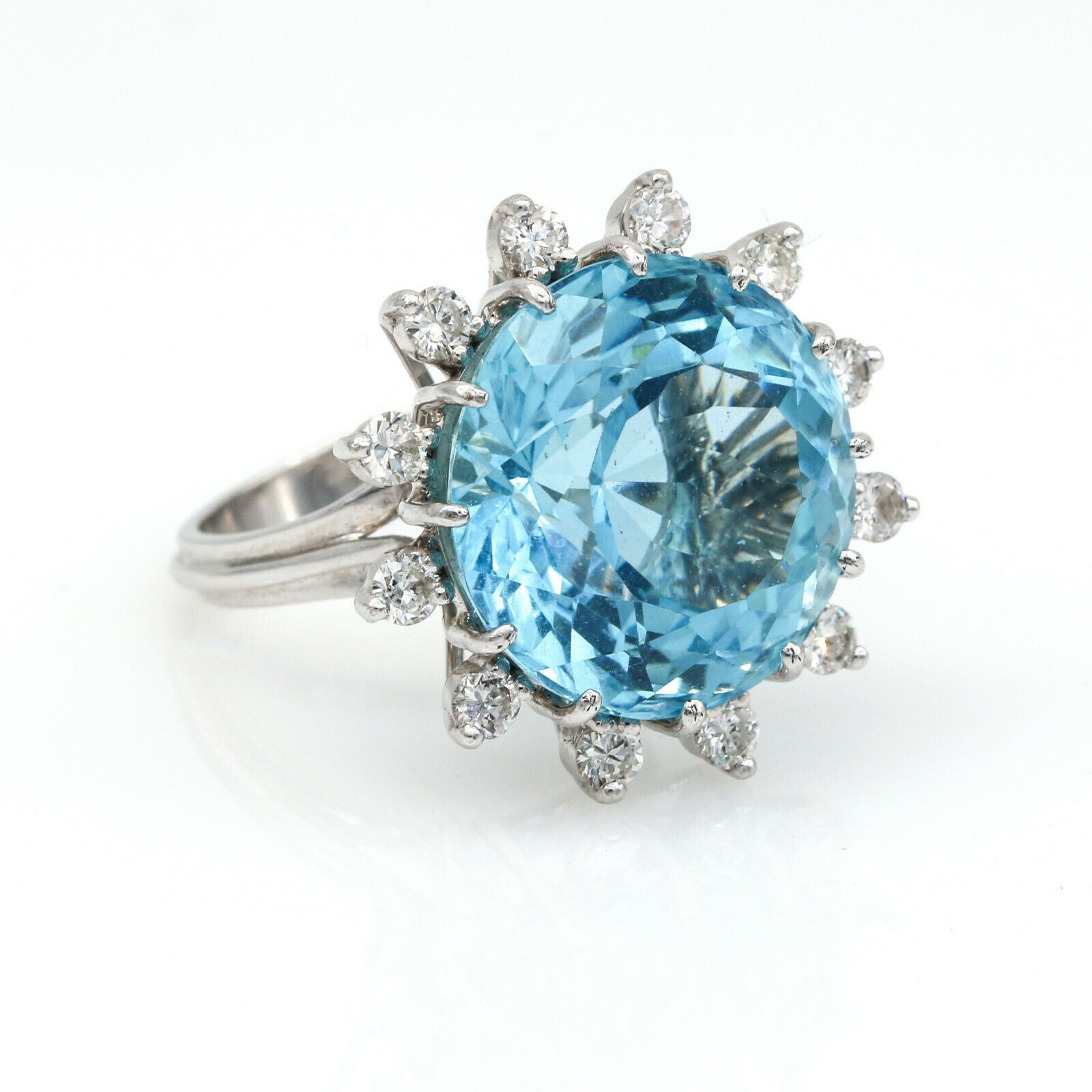 Aquamarine and Diamond Flower Statement Ring in 14k White Gold ( 14.36 cttw )