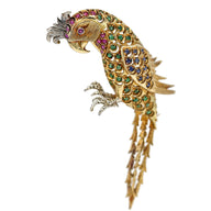Sapphire Emerald Ruby Vintage Parrot Brooch in 18k Yellow Gold