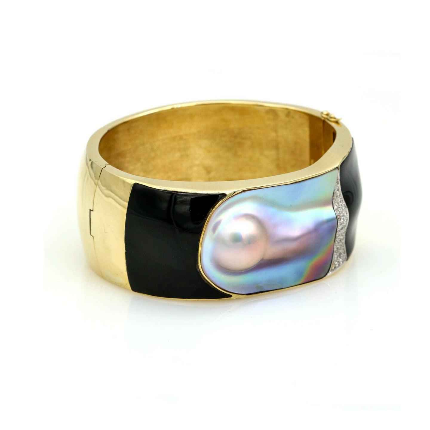 Ming's Hawaii Pearl Jade Diamond Wide Bangle Bracelet in 18k Yellow Gold