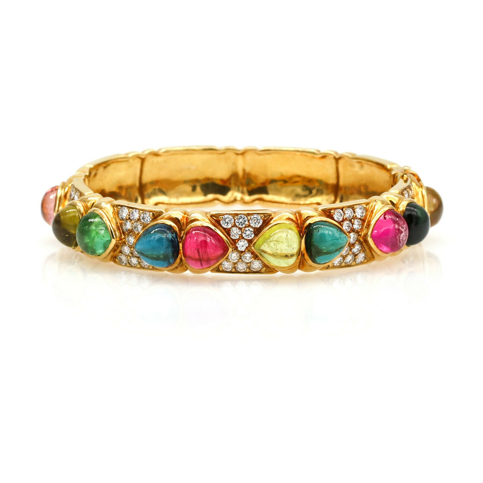 Signed Colorful Tourmaline and Diamond Hinged Bangle Bracelet in 18k Yellow Gold