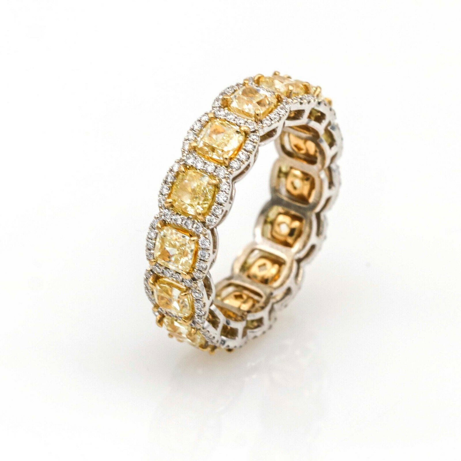 5.52 ct Fancy Yellow Diamond Eternity Band Anniversary Ring in 18k White Gold