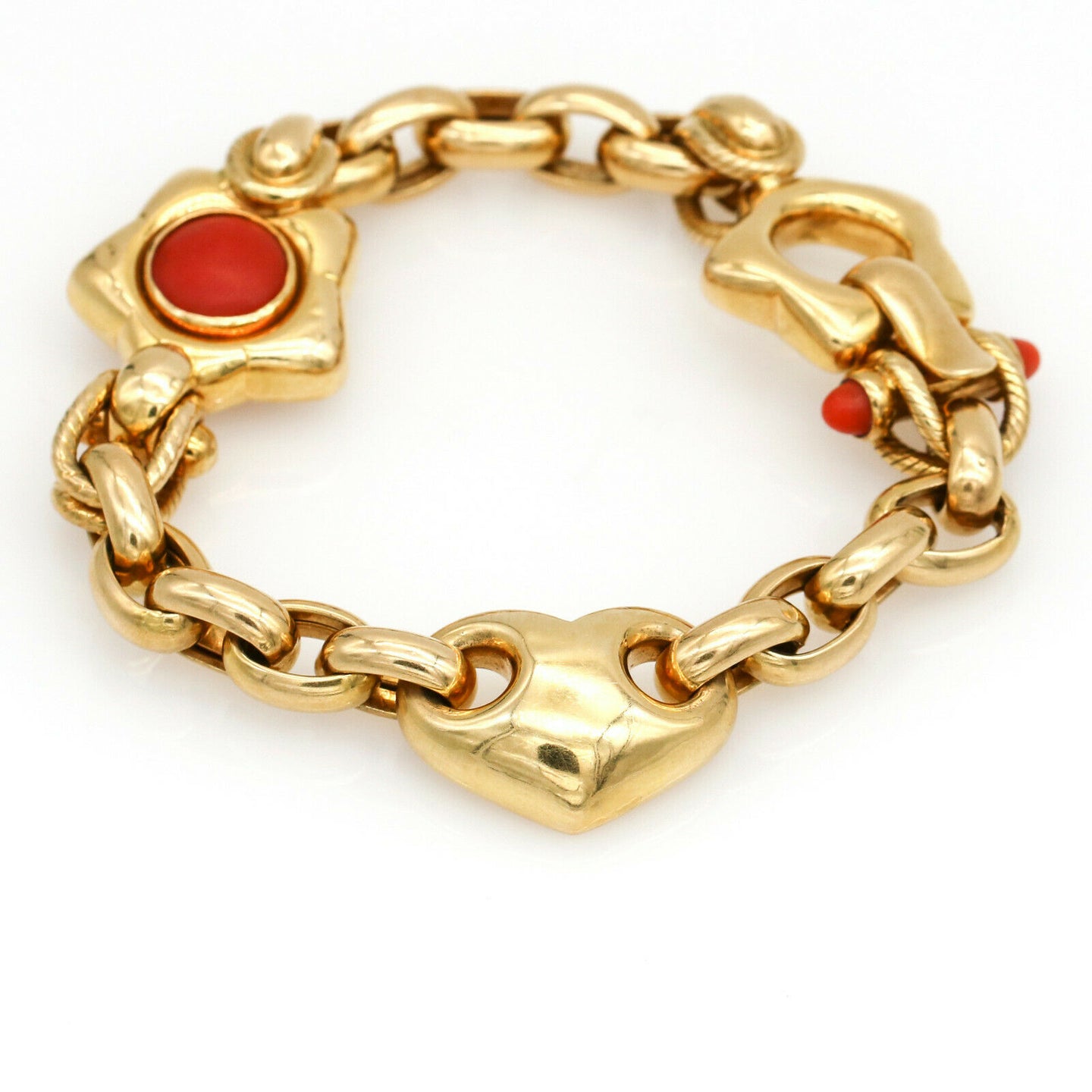 Il Gioiello Red Coral Heart Charm Link Bracelet in 18k Yellow Gold