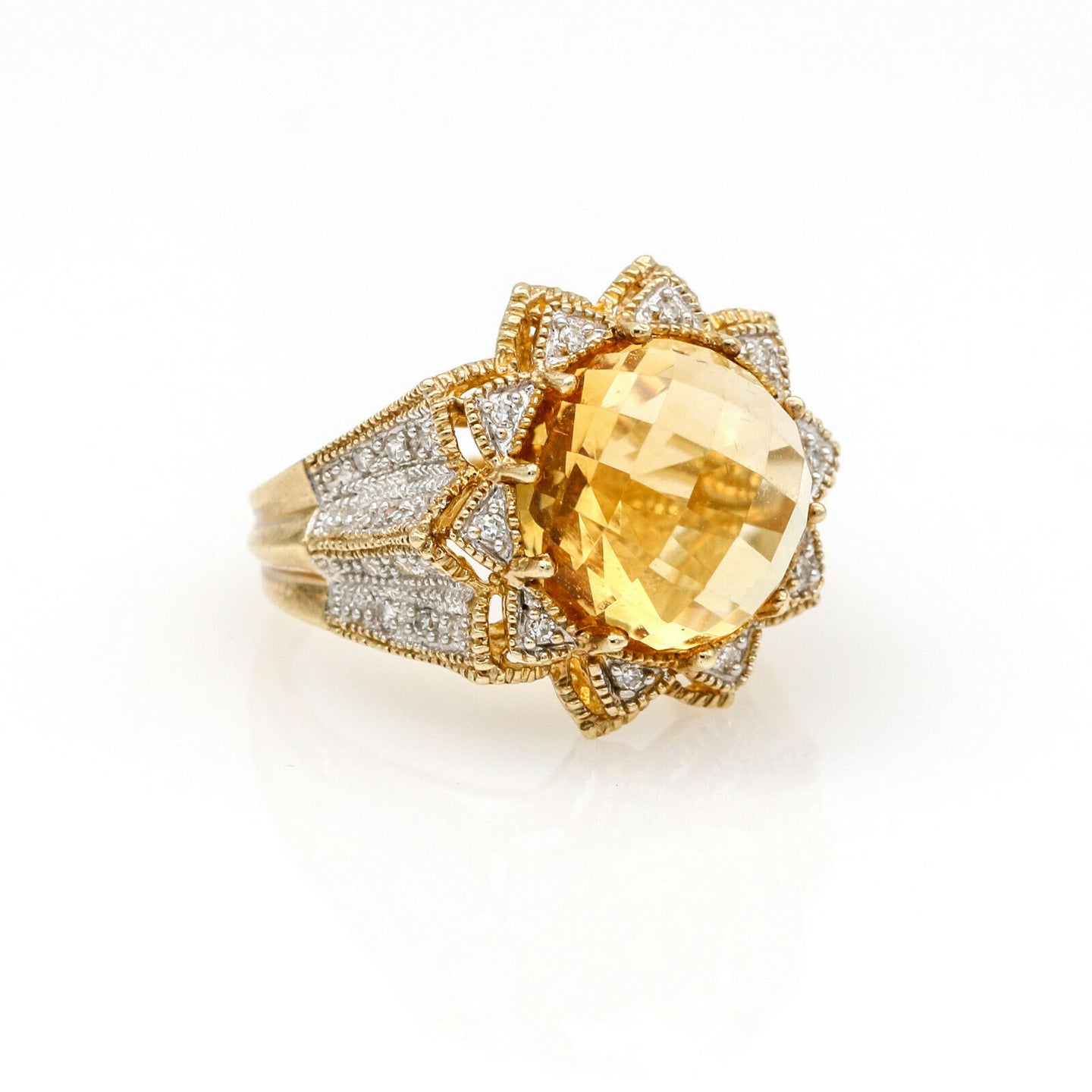 Citrine and Diamond Flower Statement Ring in 10k Yellow Gold