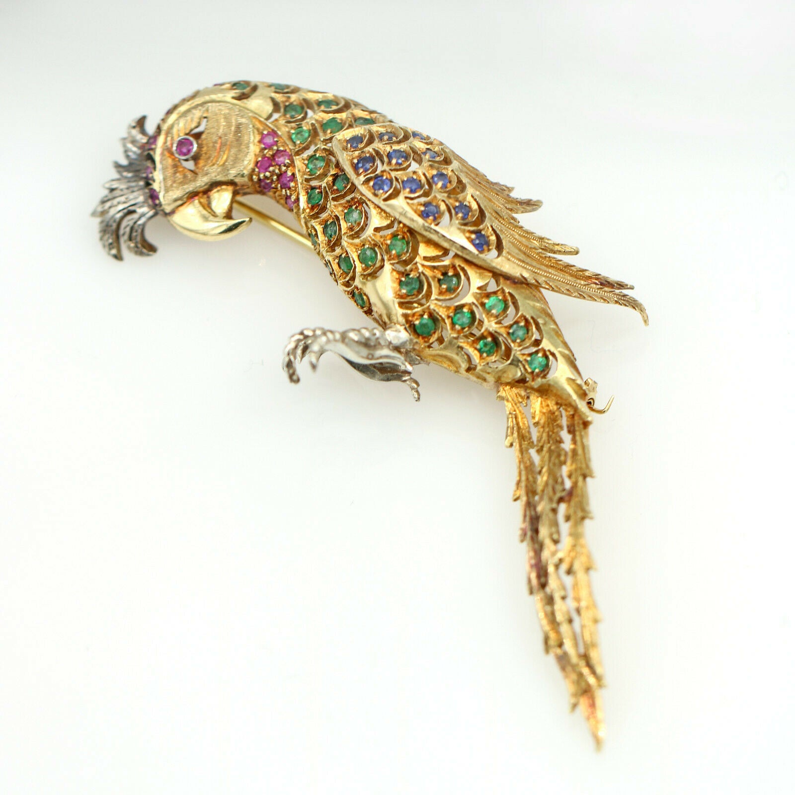 Sapphire Emerald Ruby Vintage Parrot Brooch in 18k Yellow Gold