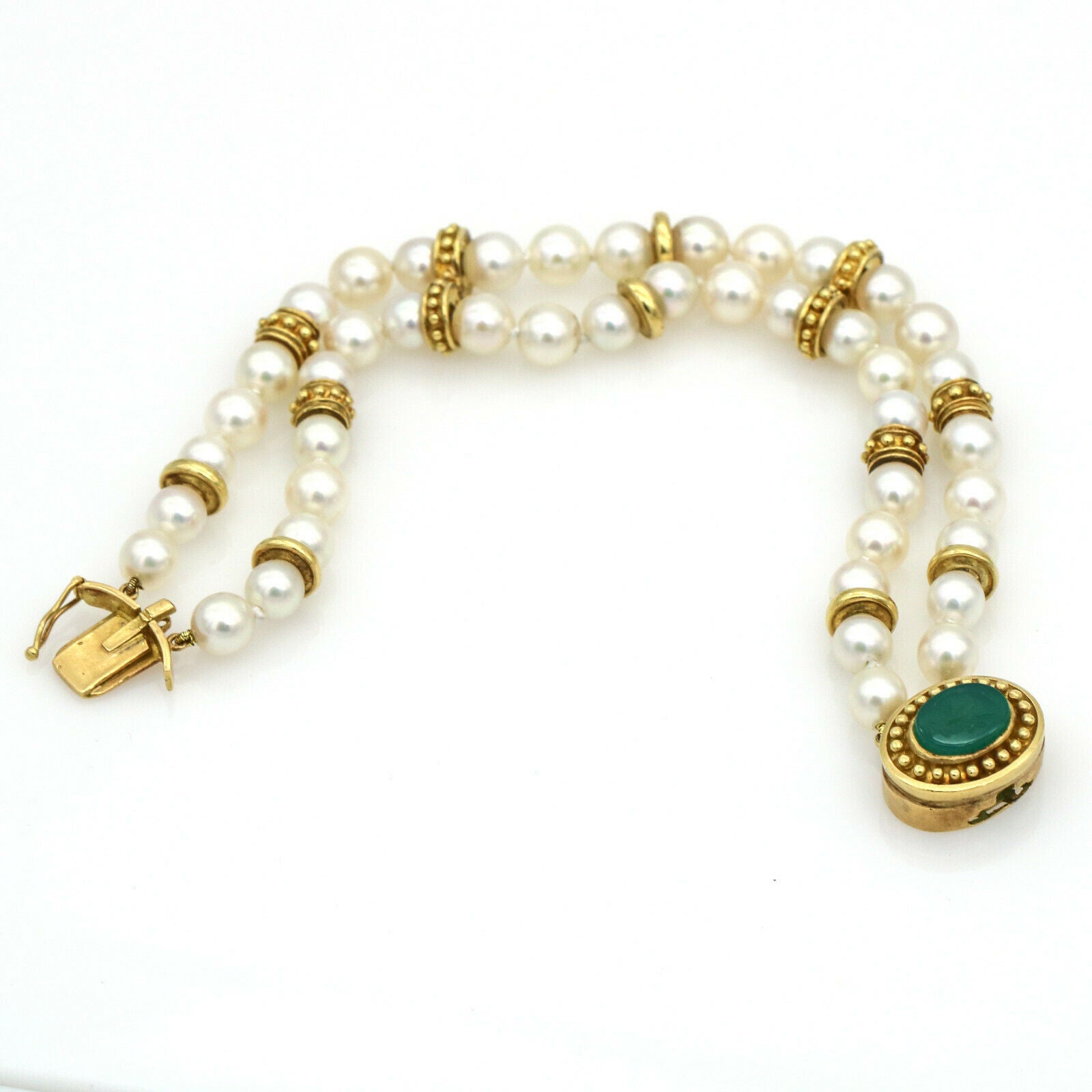 Green Onyx Intaglio Double Strand Pearl Bracelet in 18k Yellow Gold