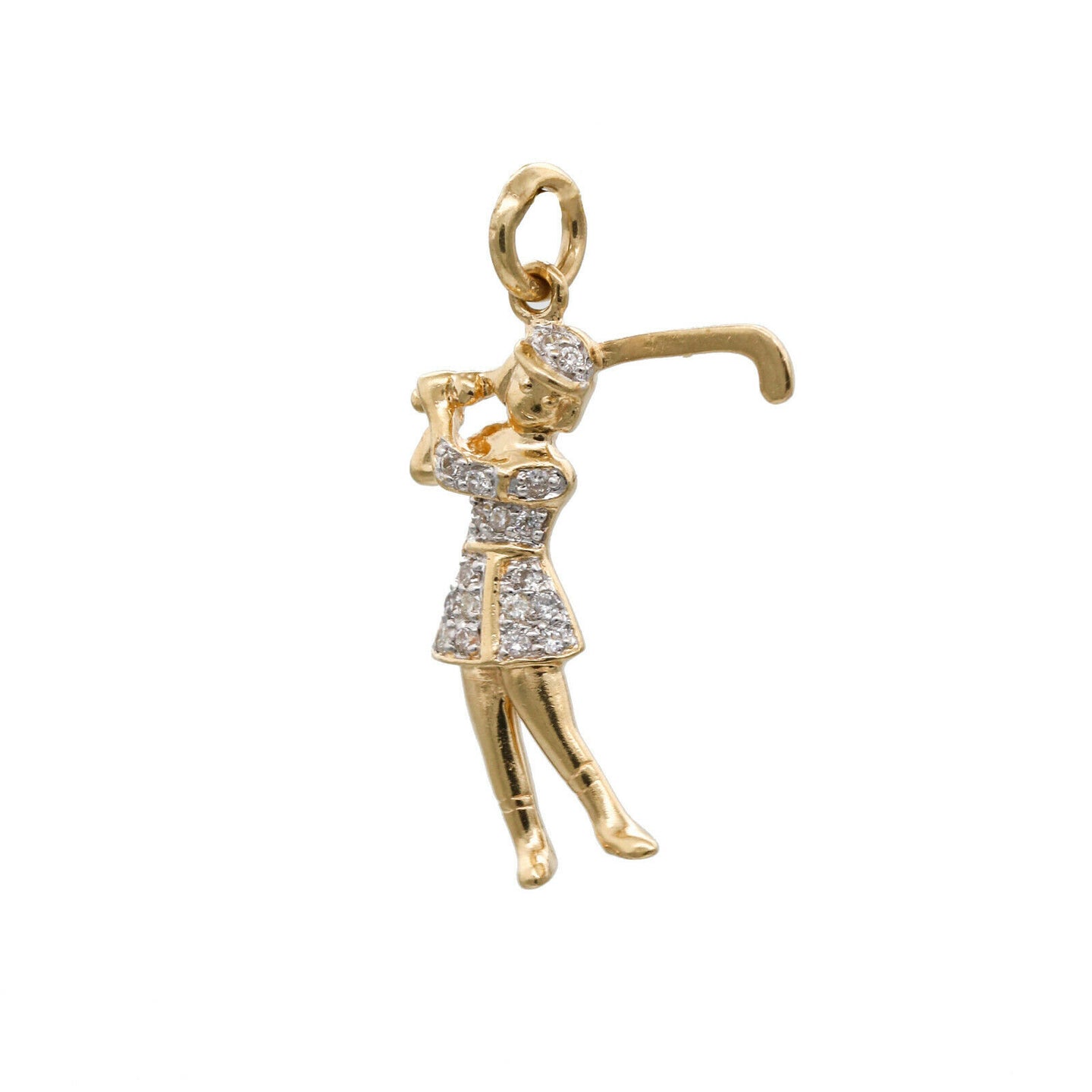 Woman Golfer Charm Pendant with Diamonds in 14k Yellow Gold